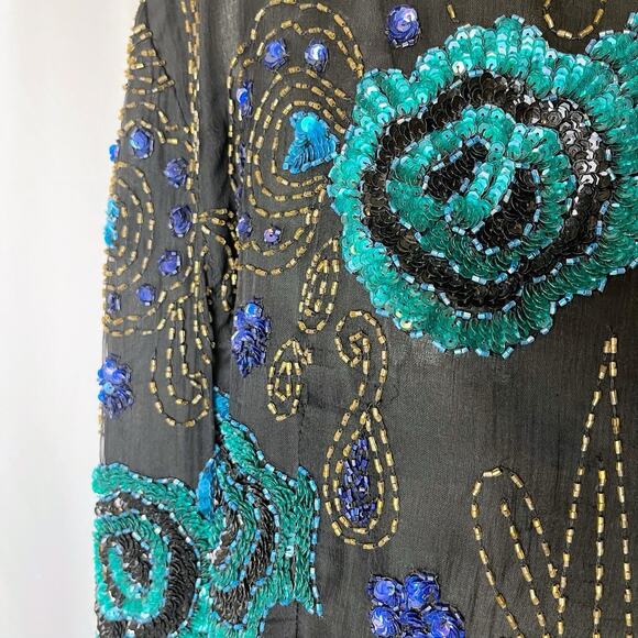 Fantasy by Lisa Kane Vintage XL Silk Beaded Top Black Blue Sequin Floral Beaded - Picture 10 of 16